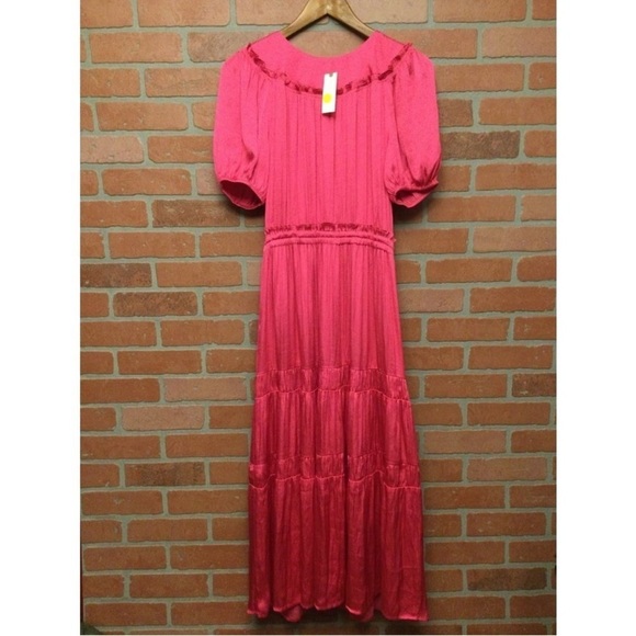 Anthropologie / Current Air Puff Sleeve satin Ruffle Tiered Maxi Dress pink M - Picture 2 of 7